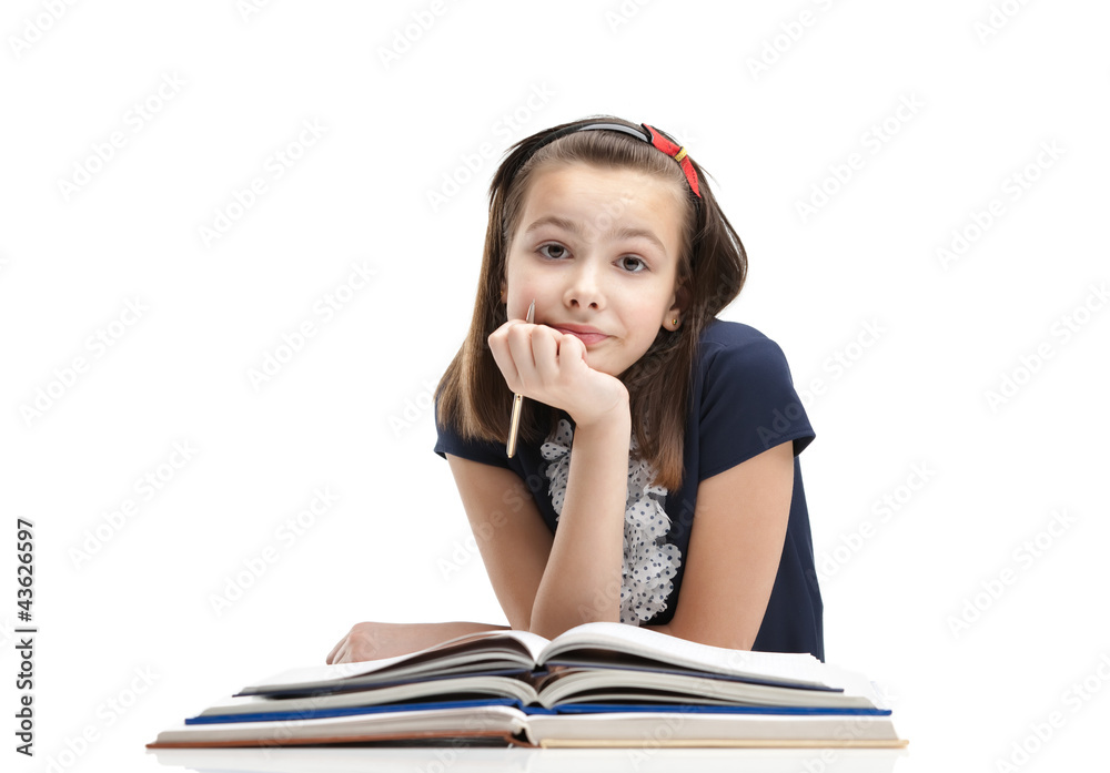 School girl is waiting for inspiration to start writing School girl is waiting for inspiration to start writing