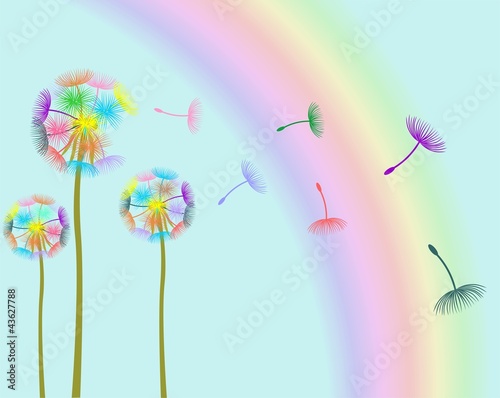 Цветные одуванчики на фоне радуги