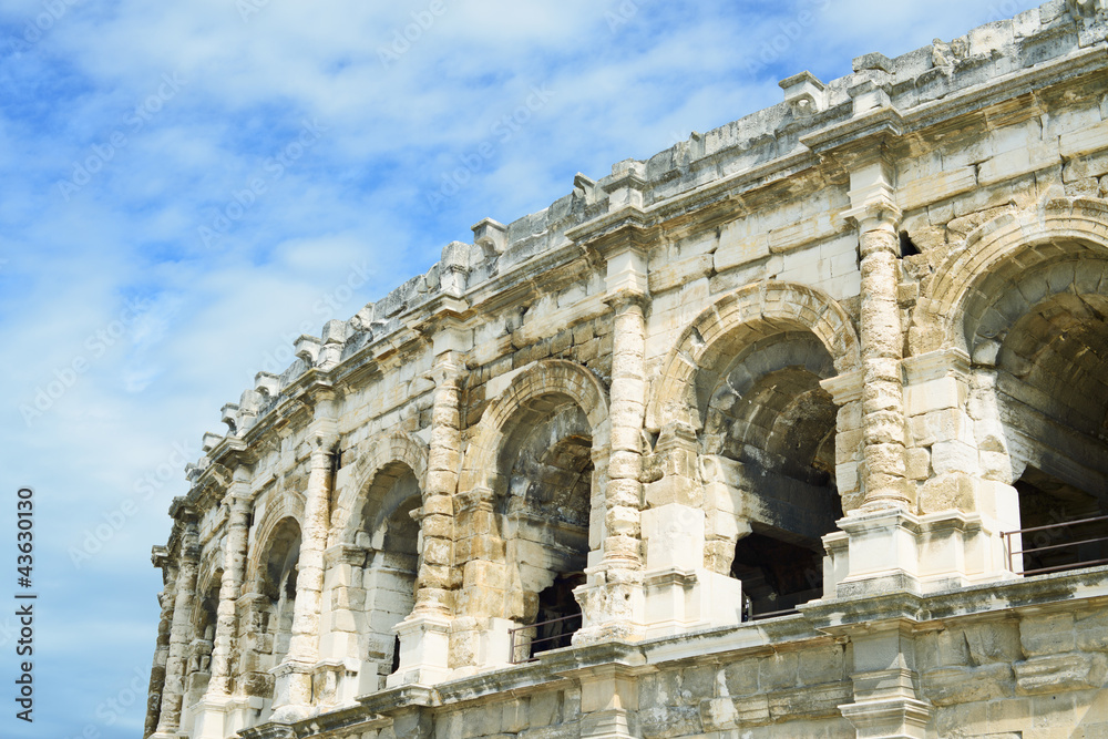 Nimes Arenas detail, historic Roman amphitheater, Provence, Fran
