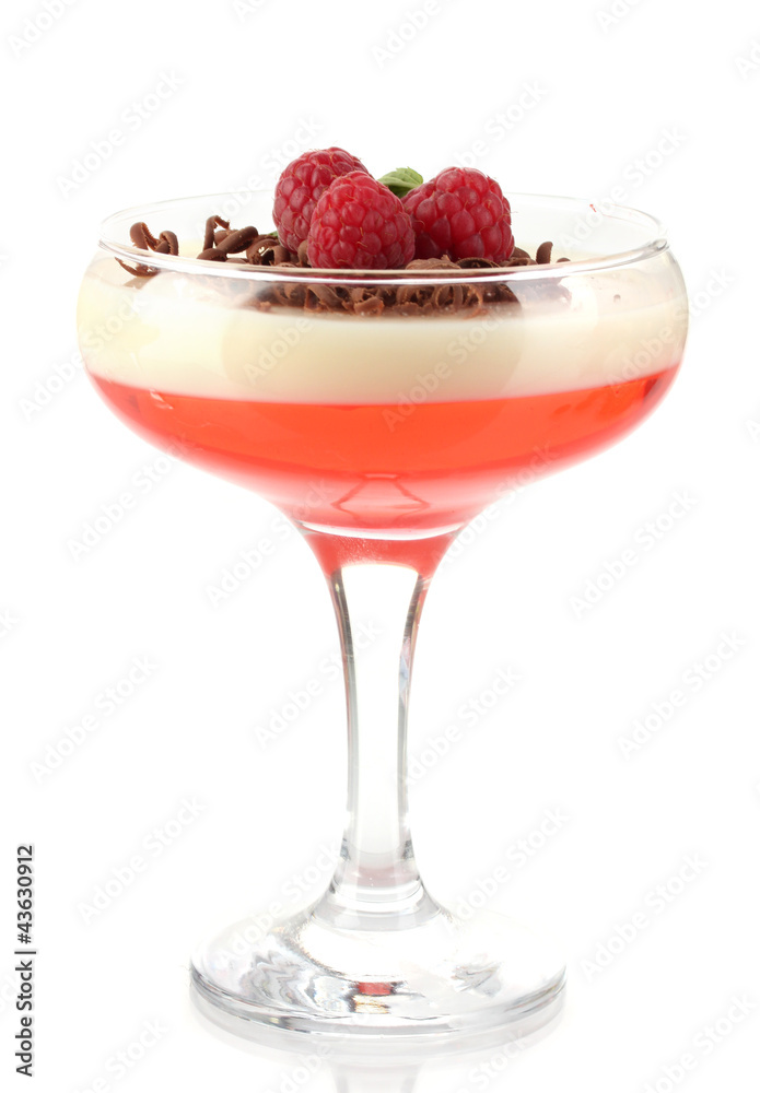 fruit jelly with chocolate and raspberries in glass isolated fruit jelly with chocolate and raspberries in glass isolated