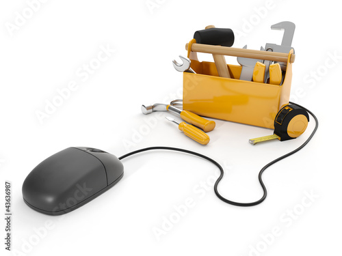 3d illustration: Online tools, technical support. Mouse and a gr