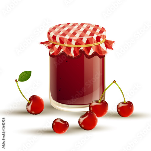 Vector illustration of cherry jam and fresh cherries