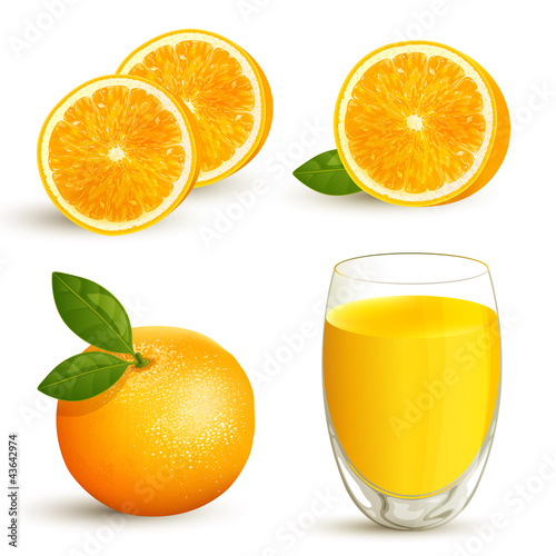 Vector set of fresh oranges and a glass of orange juice