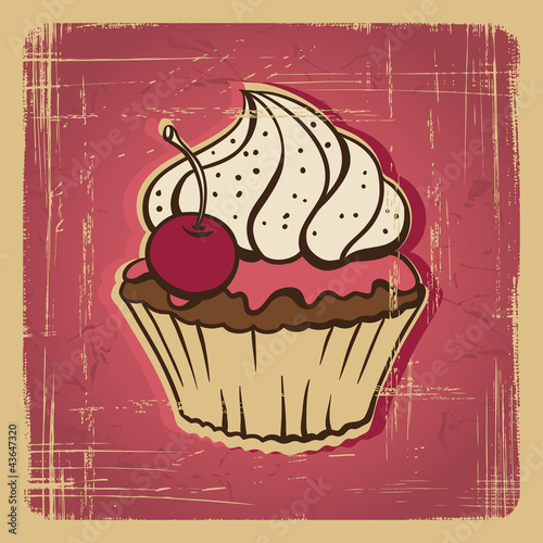 Vector illustration of cupcake with cherry. Vintage card.