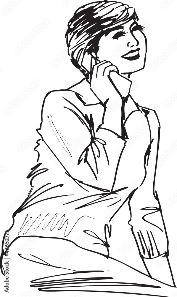 Sketch of Young beautiful female talking on cell phone isolated Sketch of Young beautiful female talking on cell phone isolated