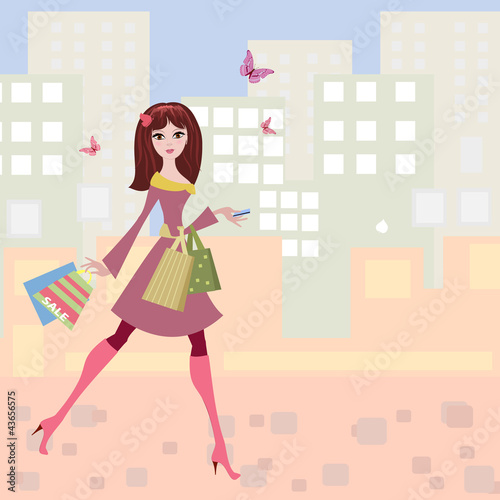 Woman strolls the city shopping