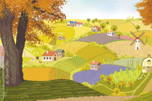 View from a hill on a farm in autumn.