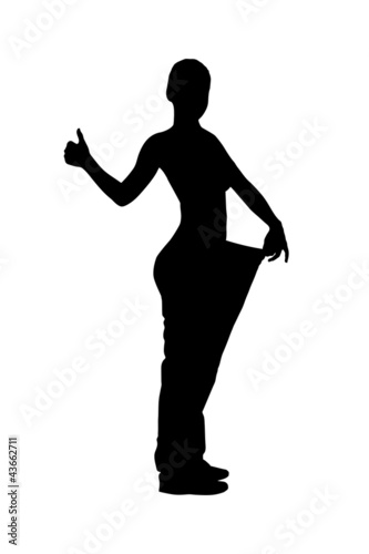 A silhouette of a full length portrait of a weightloss woman giv