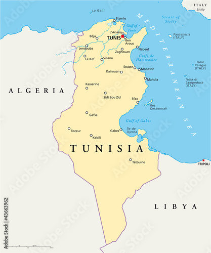 Tunisia political map with capital Tunis, national borders, most important cities, rivers and lakes. Illustration with English labeling and scaling. Vector.