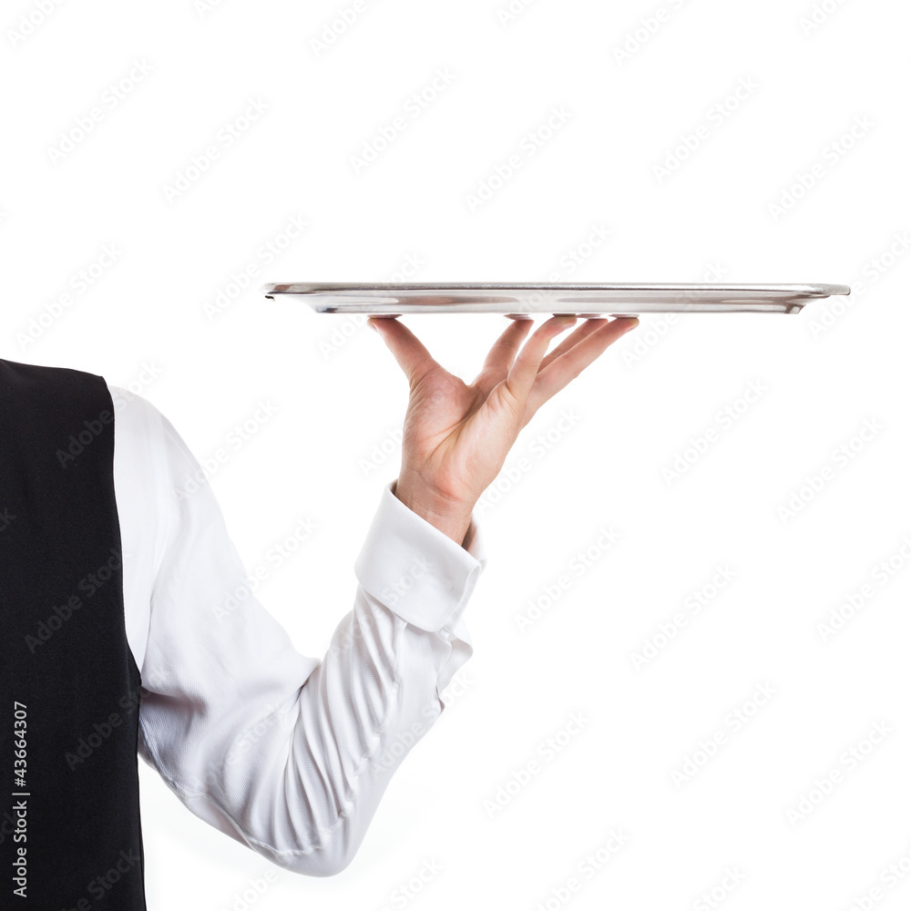 Waiter holding a dish. Isolated on white - obrazy, fototapety, plakaty 