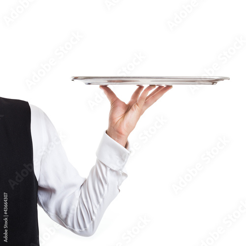 Waiter holding a dish. Isolated on white