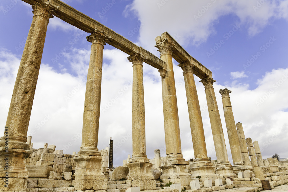 the colonnaded street in ancient city of jerash, jordan