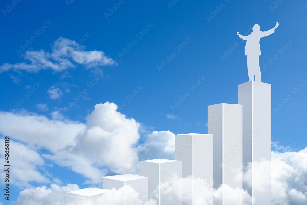 Business man standing on top of a graph bars Business man standing on top of a graph bars