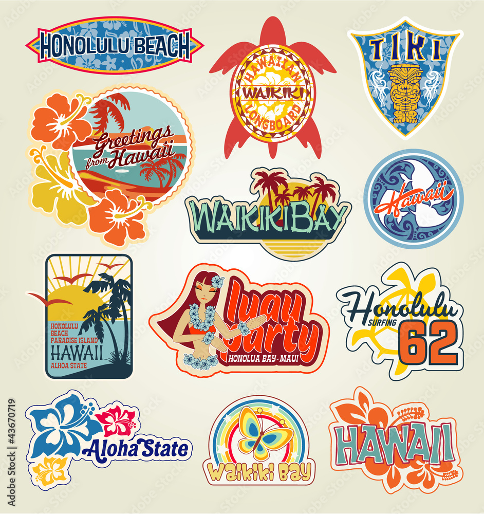 Hawaii Stickers collection Stock Vector | Adobe Stock