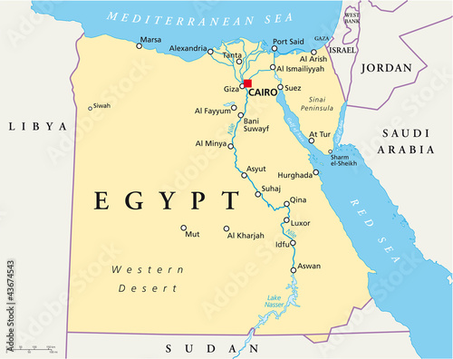 Fotografiet Egypt political map with capital Cairo, Nile, Sinai Peninsula and Suez Canal