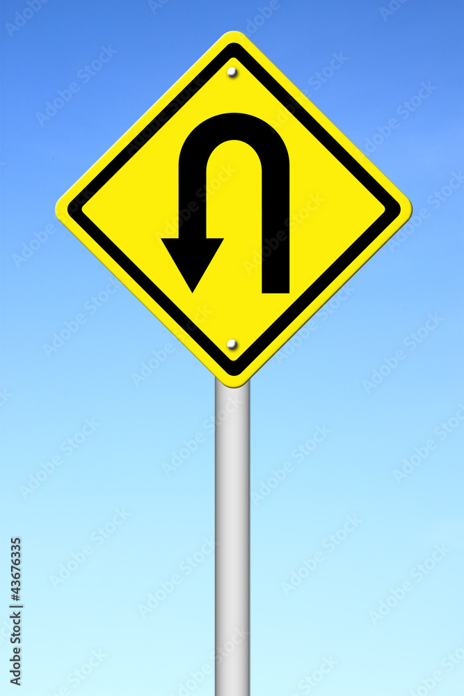 Yellow warning sign u-turn roadsign Yellow warning sign u-turn roadsign