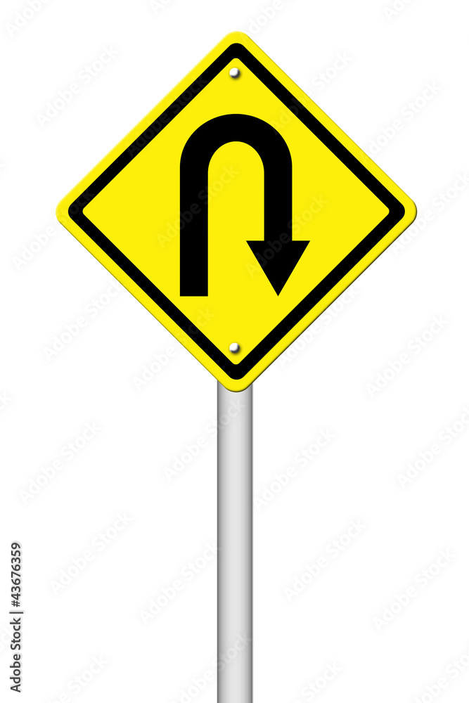 Yellow warning sign u-turn roadsign Yellow warning sign u-turn roadsign
