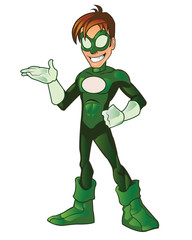 Fototapete Superhelden Green Super Boy Hero Presentation Hand on Waist  © toonandlogo