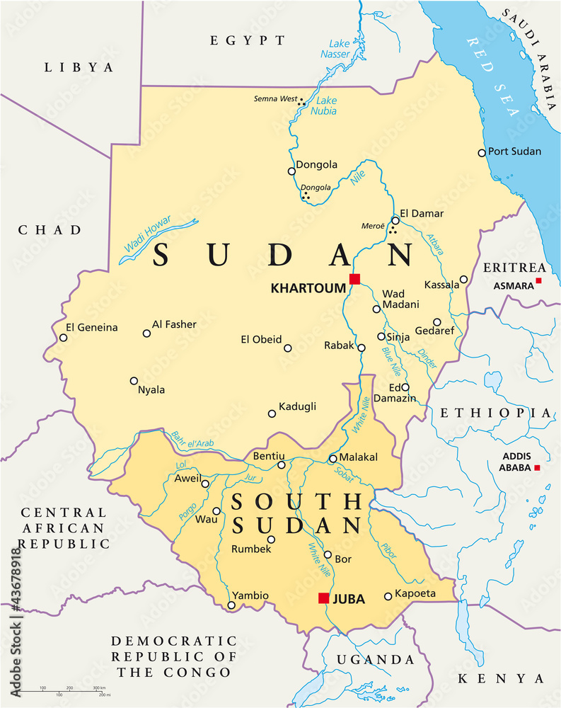 Sudan and South Sudan political map with capitals Khartoum and Juba, with national borders, most important cities, rivers and lakes. Illustration with English labeling and scaling. Vector.