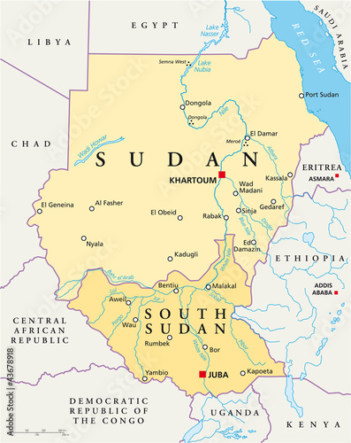 Sudan and South Sudan political map with capitals Khartoum and Juba  with national borders  most important cities  rivers and lakes. Illustration with English labeling and scaling. Vector.