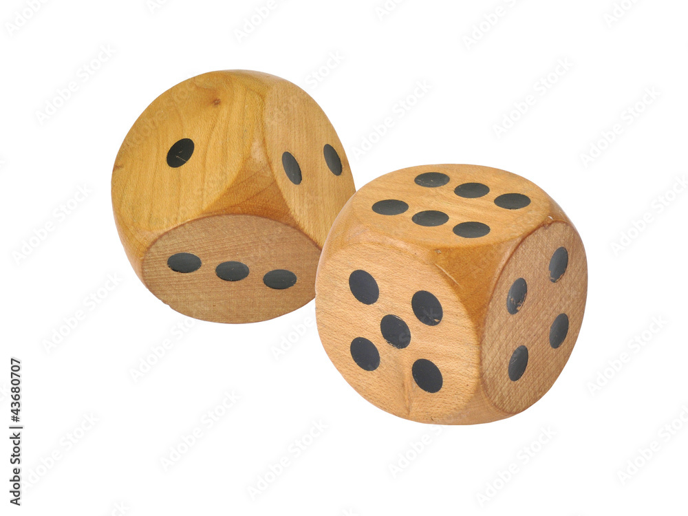 Retro wooden dice, six and one, isolated on white