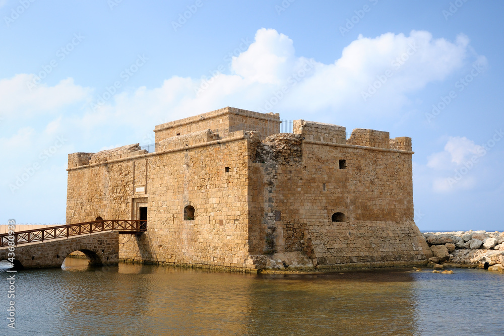 Old fort on Mediterranean Sea coast in city of Paphos, Cyprus