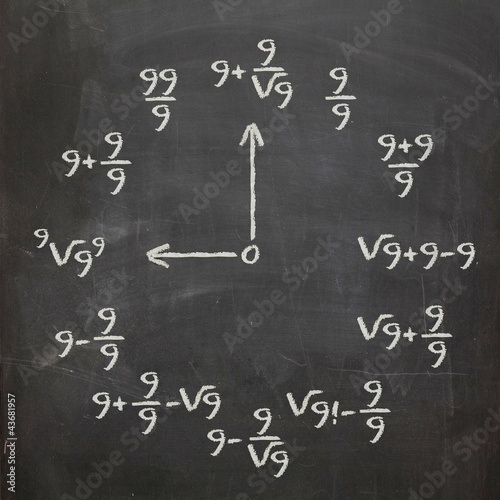 Math clock with all nines on chalkboard