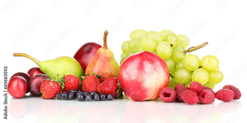 Mix of ripe sweet fruits and berries isolated on white Mix of ripe sweet fruits and berries isolated on white