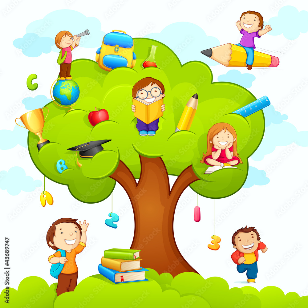 Naklejka premium ilustracji wektorowych dzieci studiujących na drzewie edukacji