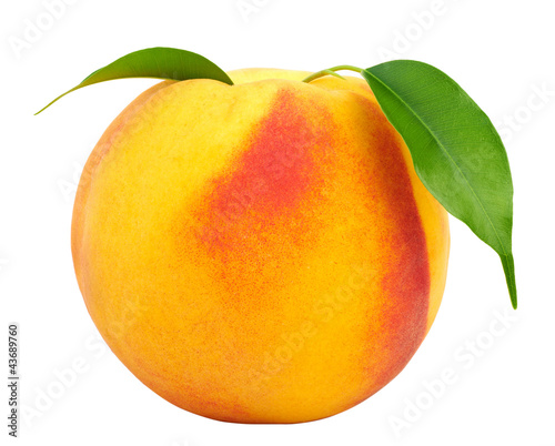 Ripe peach with leaves isolated on a white background.