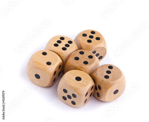Wooden dice for board game isolated on white background