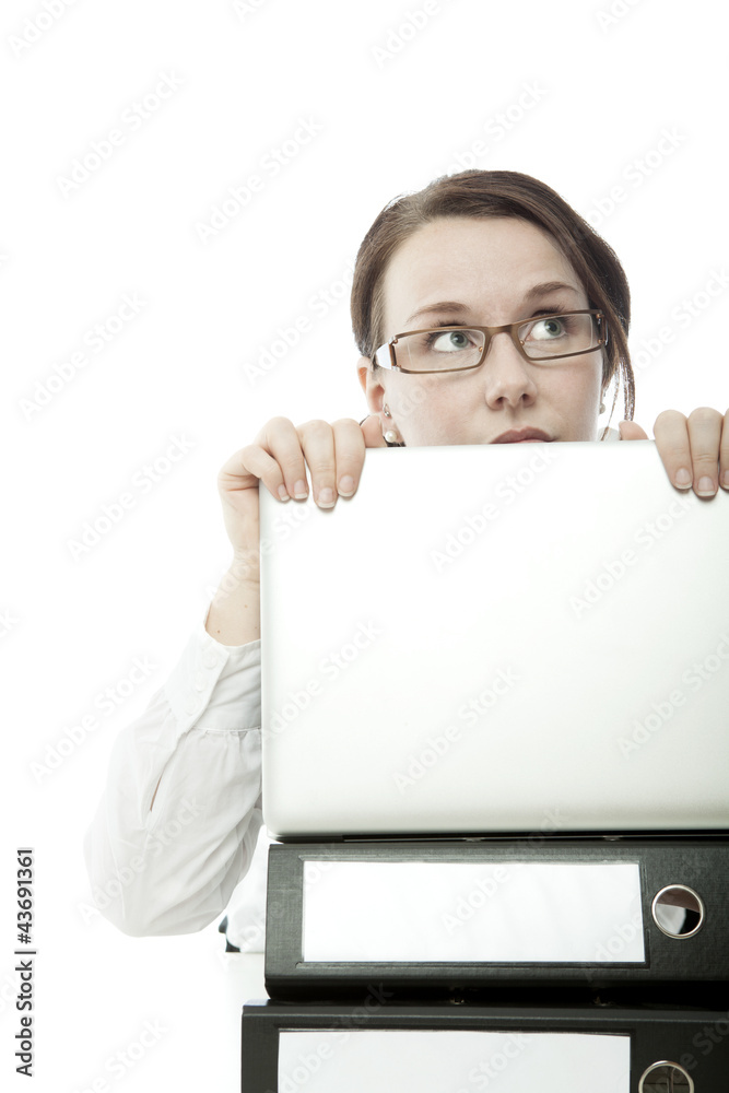 young brunette business woman with glasses hide laptop young brunette business woman with glasses hide laptop