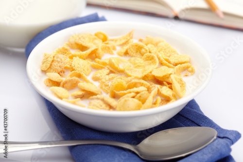 A bowl of cornflakes with milk