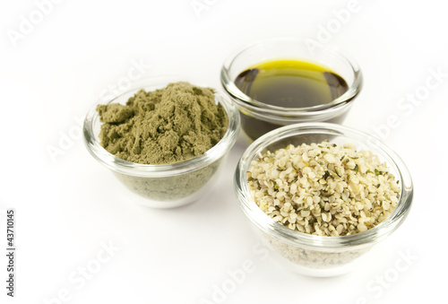 hemp products: oil, powder, seeds