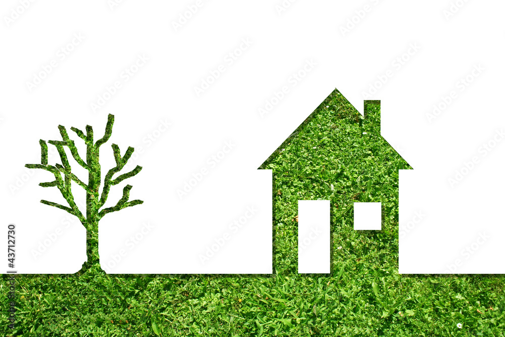Conceptual house symbol of grass with green tree Conceptual house symbol of grass with green tree