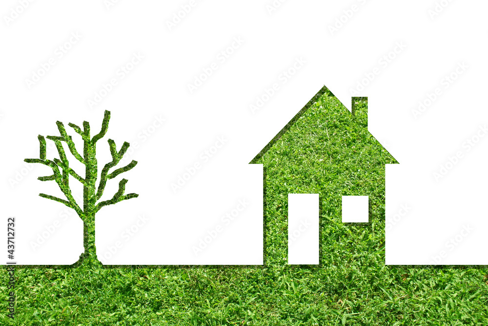 Conceptual house symbol of grass with green tree Conceptual house symbol of grass with green tree