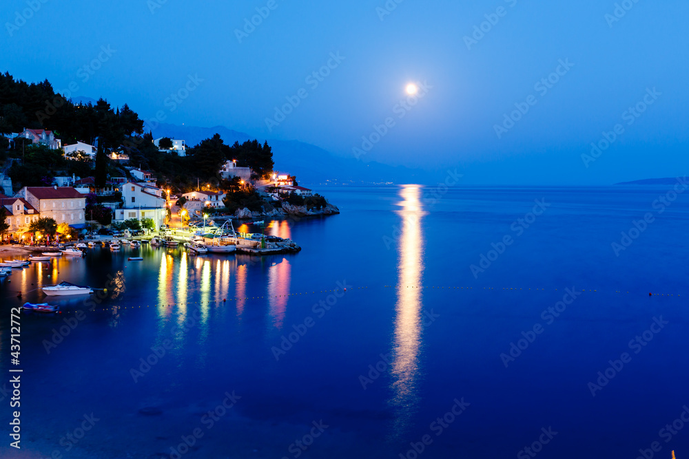Peaceful Croatian Village and Adriatic Bay Illuminated by Moon,