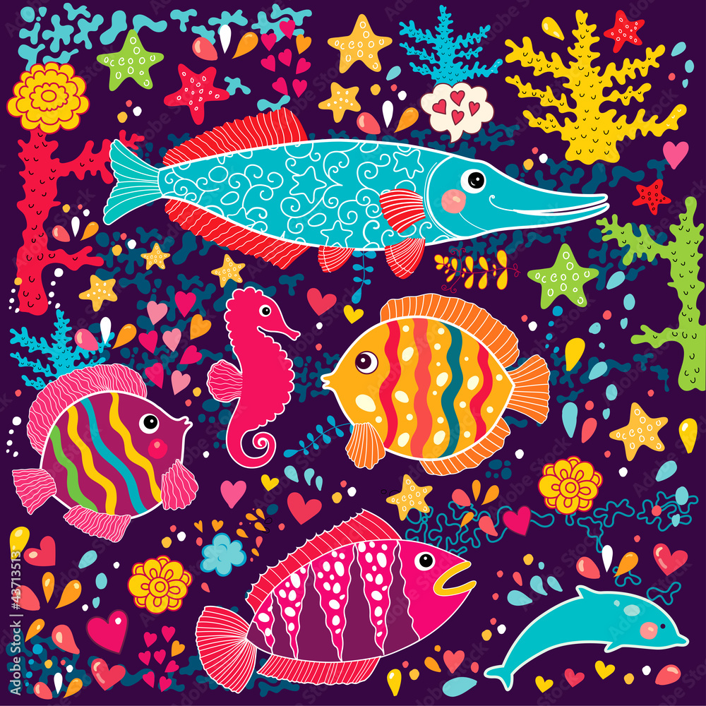 Obraz premium Vector wallpaper with fish and marine life