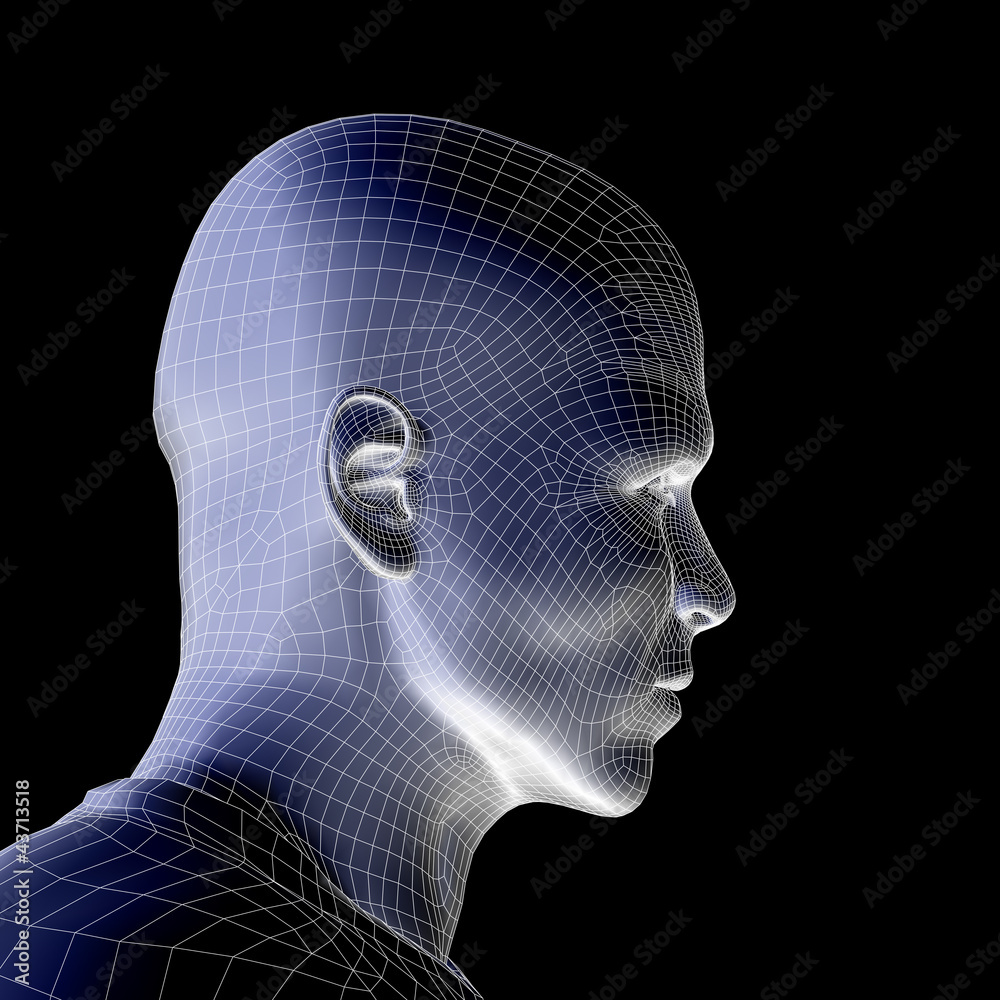 Obraz premium High resolution 3D wireframe human male head isolated on black