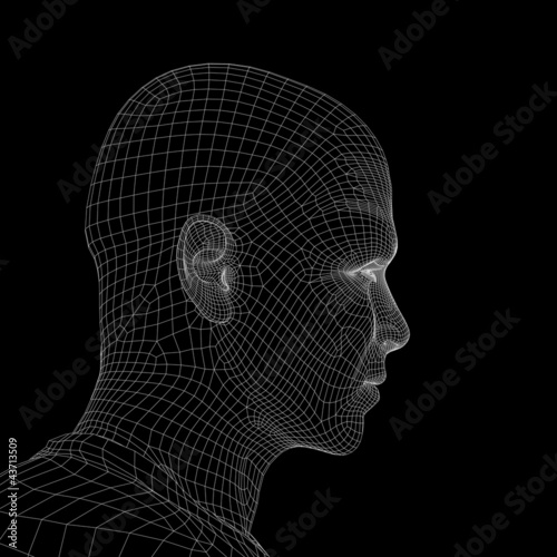 High resolution 3D wireframe human male head isolated on black