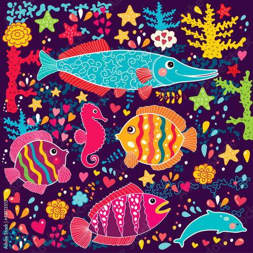 Vector wallpaper with fish and marine life