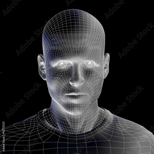 High resolution 3D wireframe human male head isolated on black photo