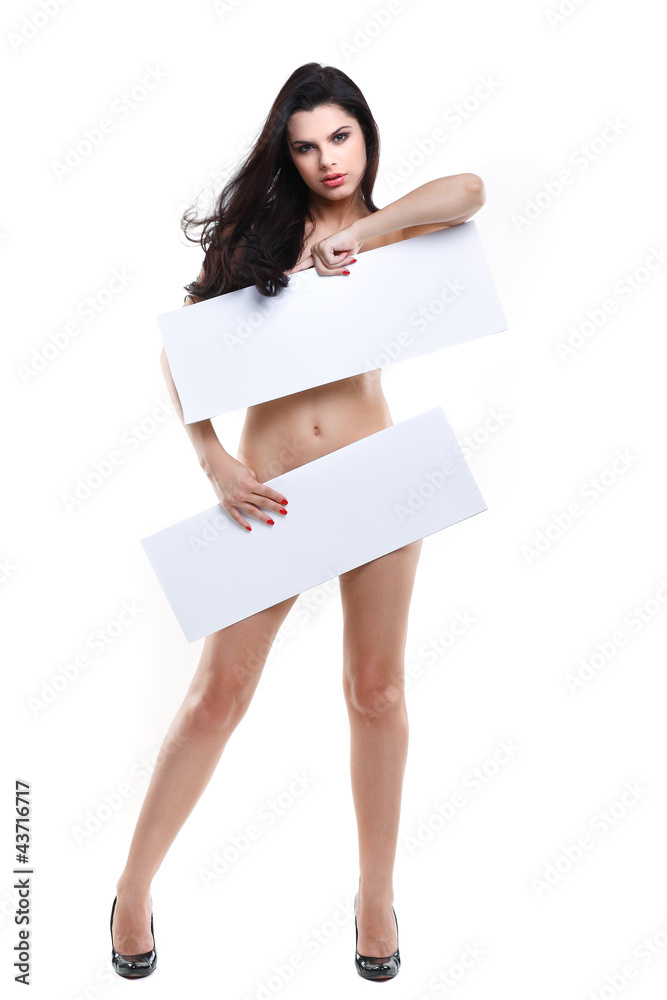 young, beautiful brunette holds a banner young, beautiful brunette holds a banner