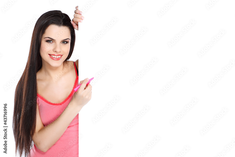 young, beautiful brunette holds a banner young, beautiful brunette holds a banner