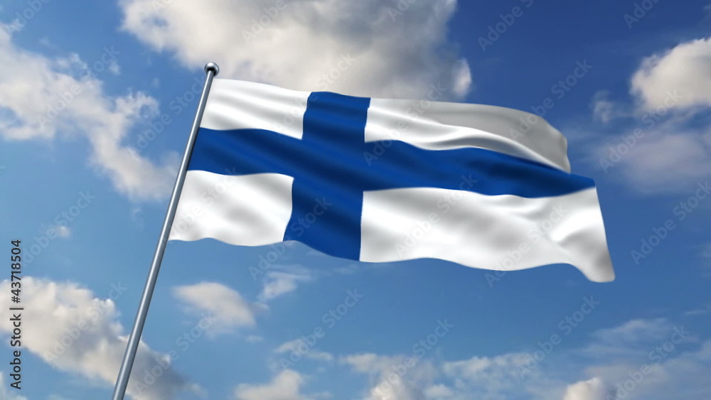 Finnish flag waving against clouds background