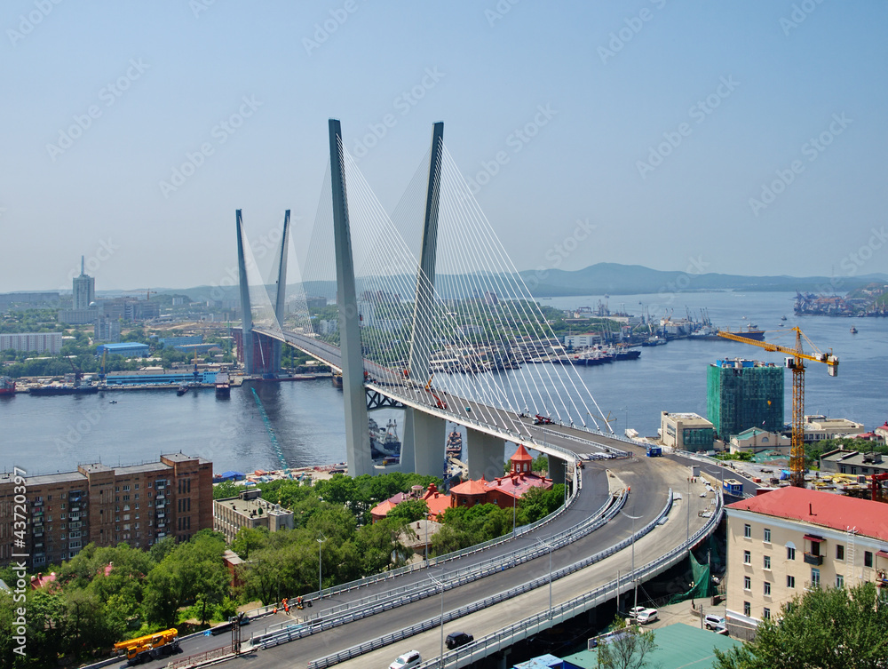 Fototapeta premium Guyed bridge in the Vladivostok over the Golden Horn bay
