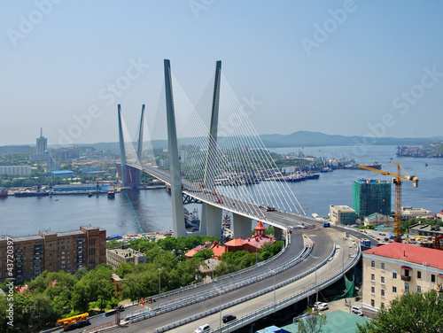 Guyed bridge in the Vladivostok over the Golden Horn bay photo