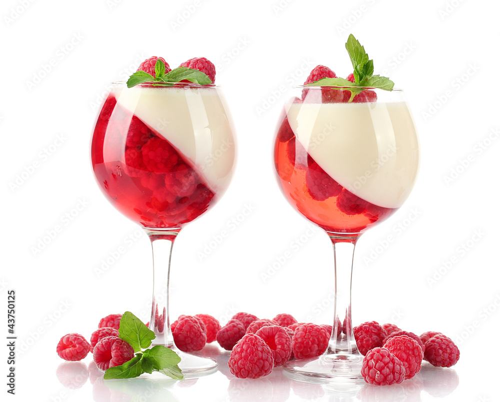 fruit jelly with raspberries in glasses isolated on white fruit jelly with raspberries in glasses isolated on white