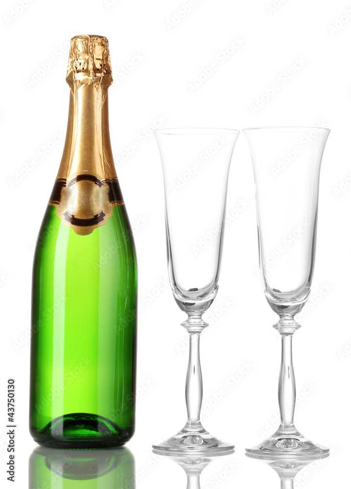 Bottle of champagne and goblets isolated on white. Bottle of champagne and goblets isolated on white.