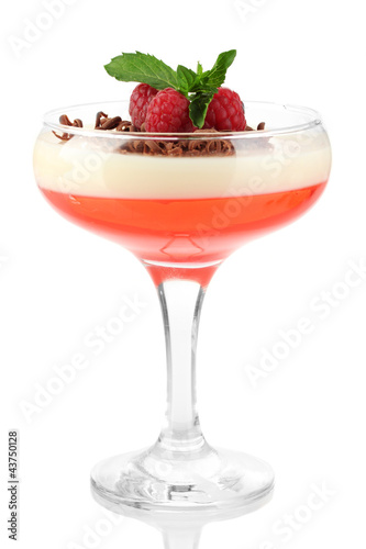 fruit jelly with chocolate and raspberries in glass isolated